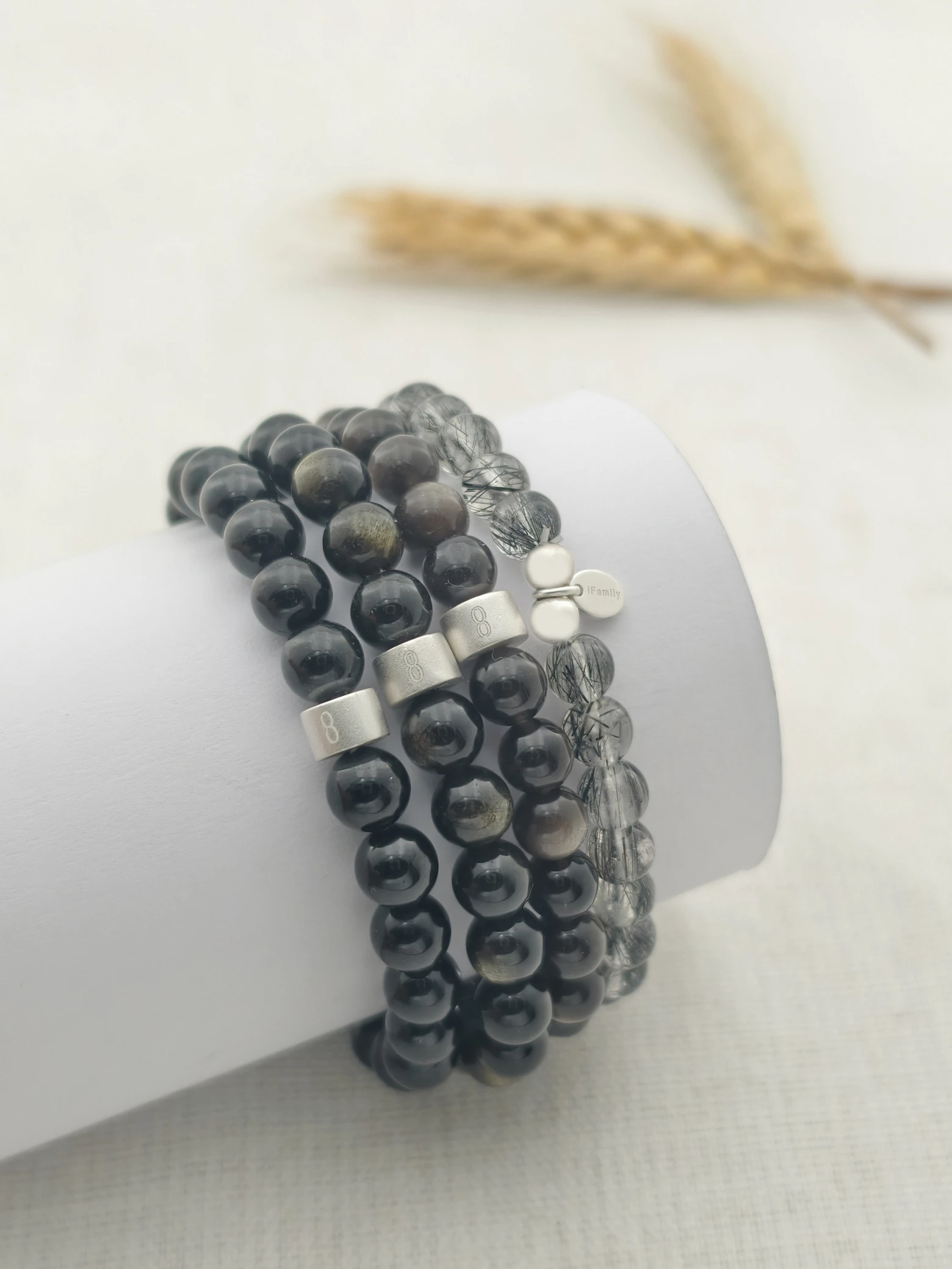 Obsidian King Gemstone & 925 Silver Bracelet Stack