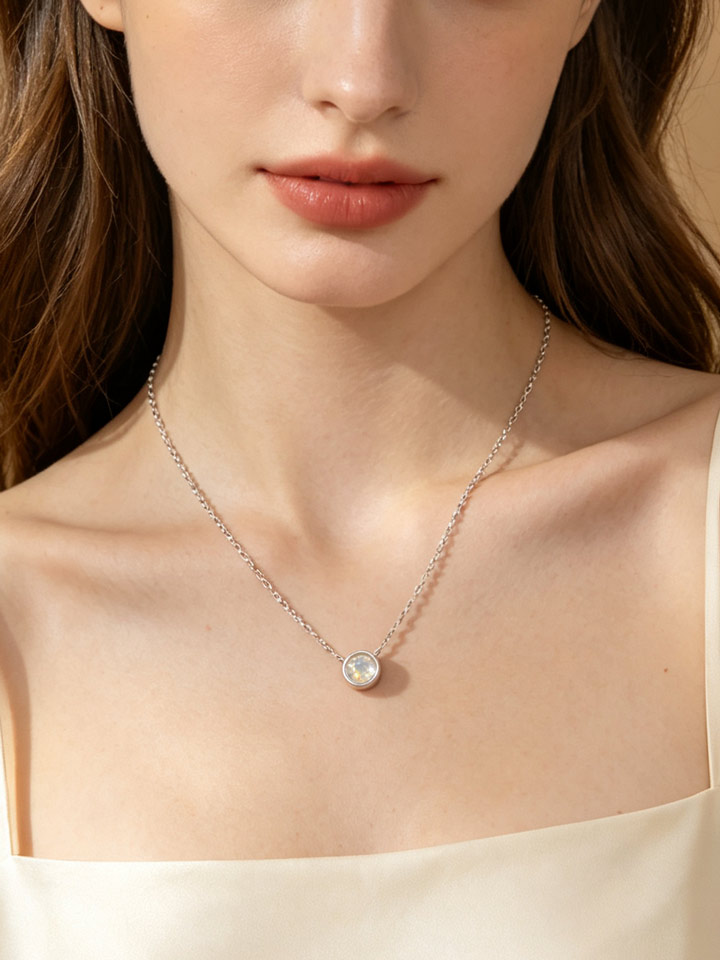 Collar Colgante Solitario Piedra Lunar Natural Engaste Bisel Plata 925