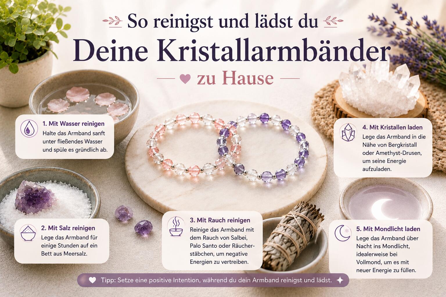 Wie du deine Kristallarmbänder zu Hause reinigst und lädst
