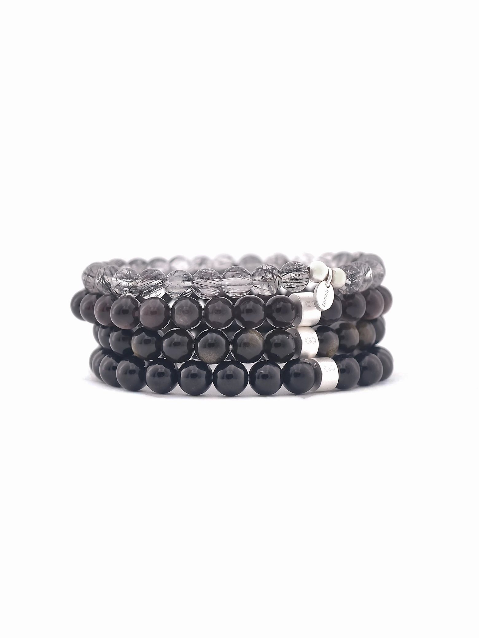 Obsidian King Gemstone & 925 Silver Bracelet Stack