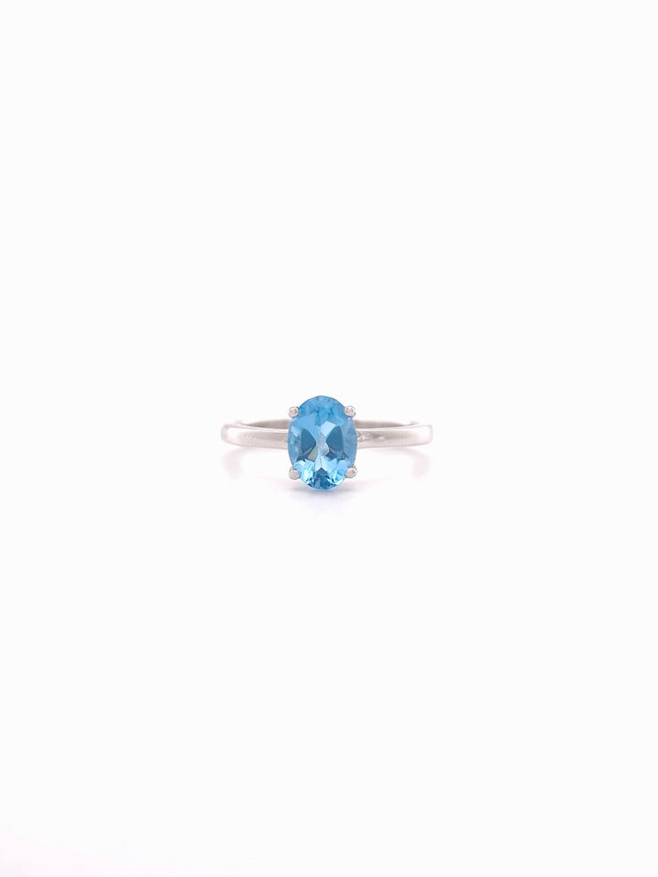 Natural Blue Topaz 6x8mm Oval Solitaire 4-Prong Ring S925