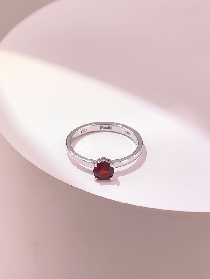 Anillo Solitario Granate Natural Redonda 5 mm 4 Garras Plata 925
