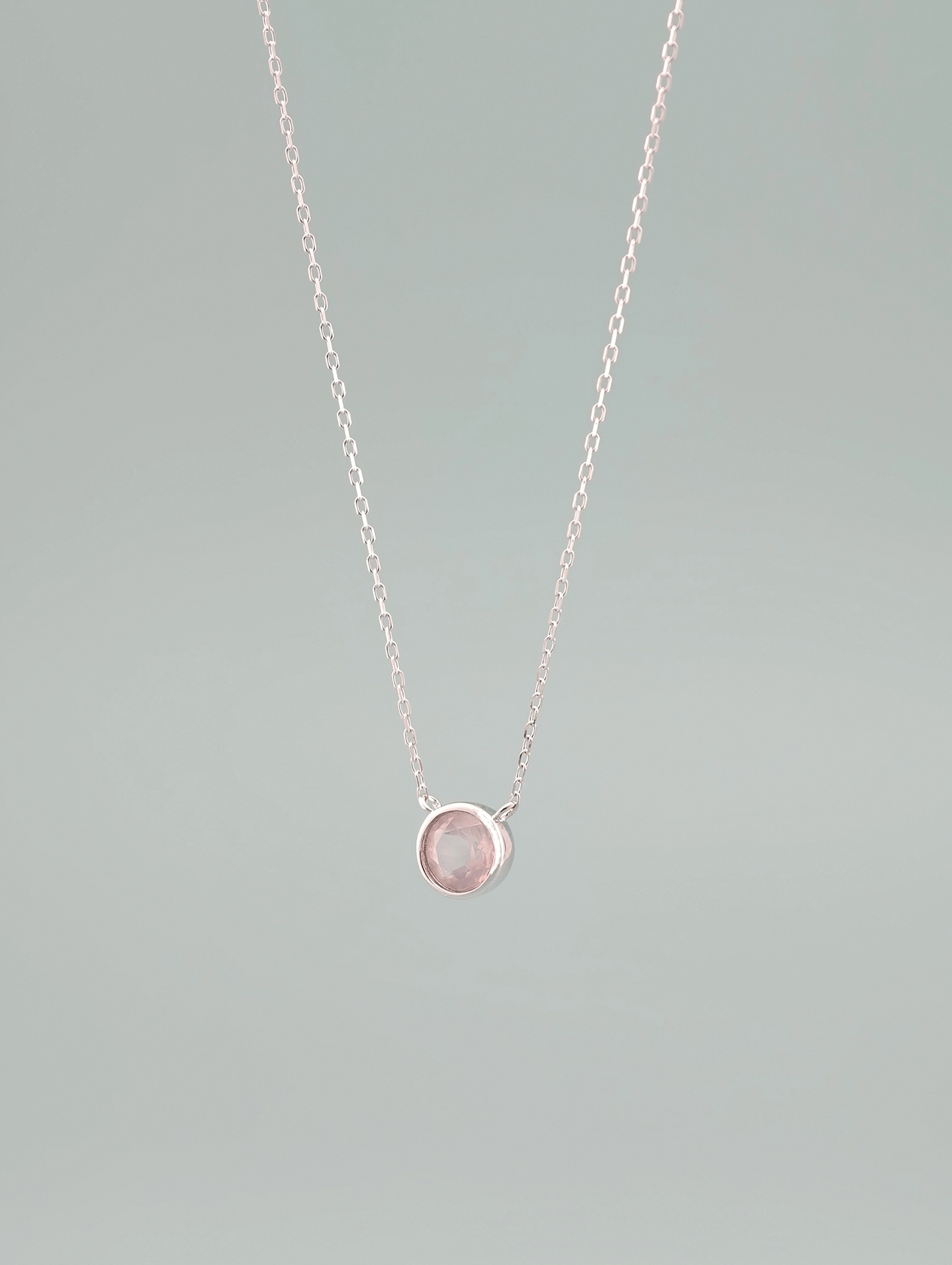 Collar Colgante Solitario Cuarzo Rosa Natural Engaste Bisel Plata 925