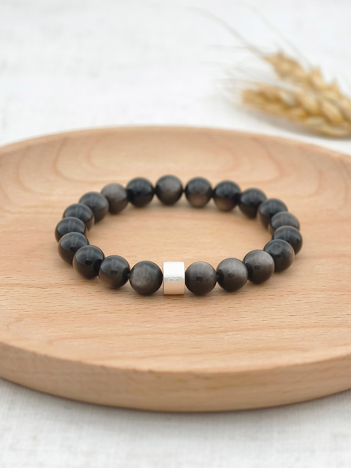 Silberglanz-Obsidian-Armband mit 925er Silber Röhrchen