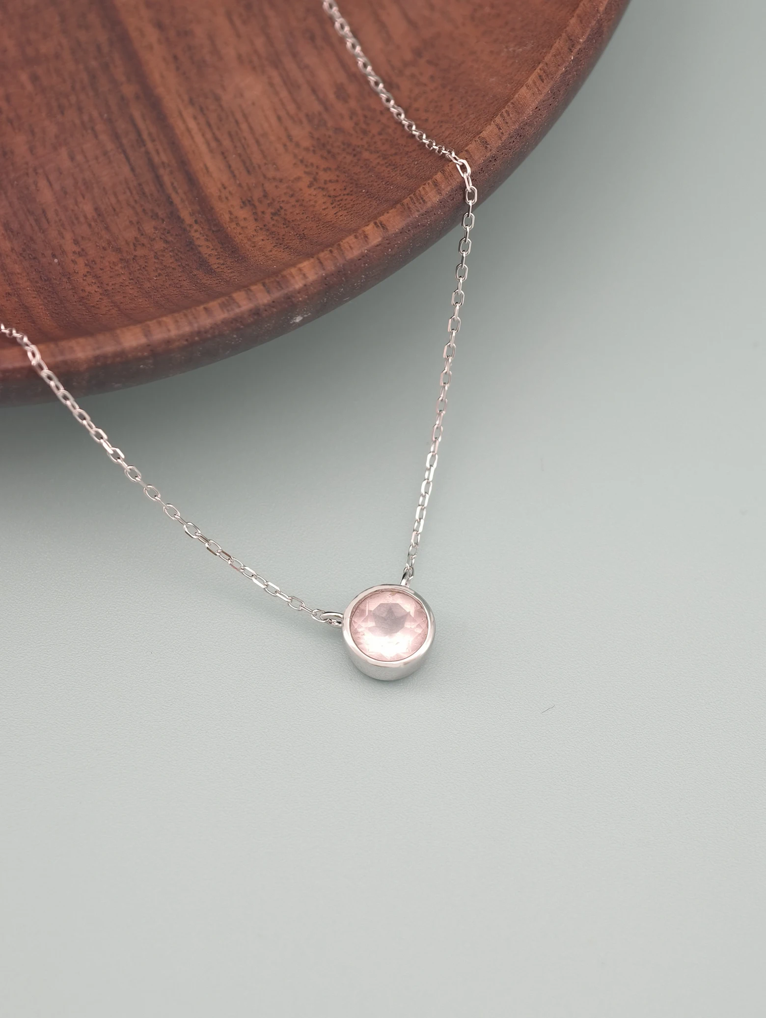 Collar Colgante Solitario Cuarzo Rosa Natural Engaste Bisel Plata 925