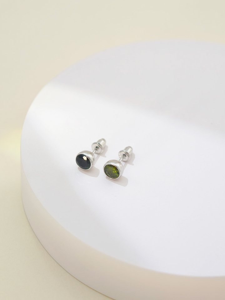 Natural Green Tourmaline Bezel Set Solitaire S925 Stud Earrings