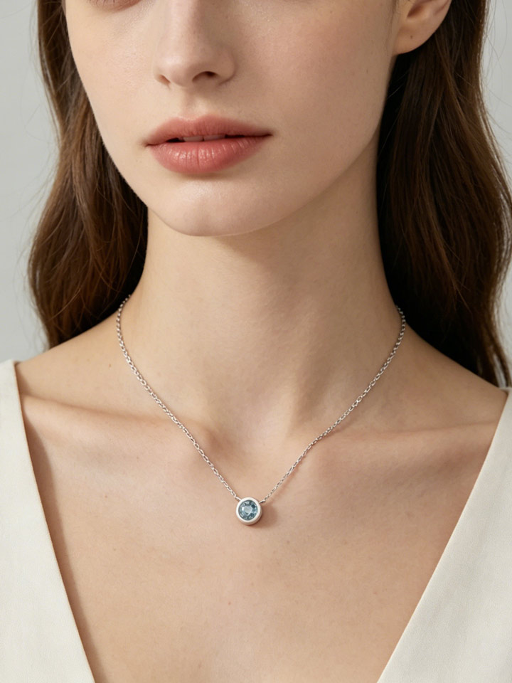 Natural Aquamarine Bezel Solitaire Pendant Necklace S925