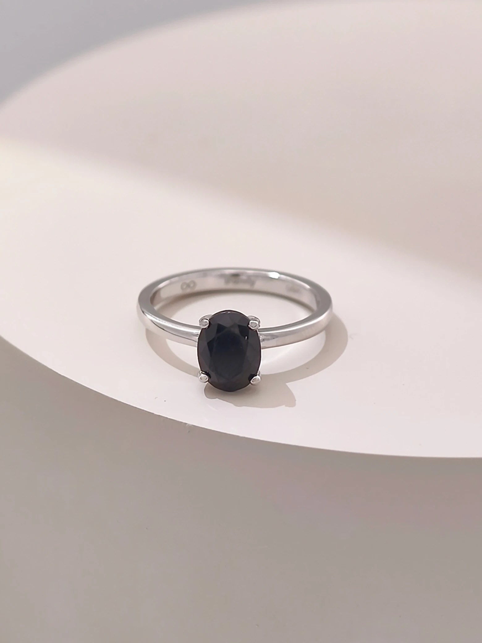 Natural Black Spinel 6x8mm Oval Solitaire 4-Prong Ring S925