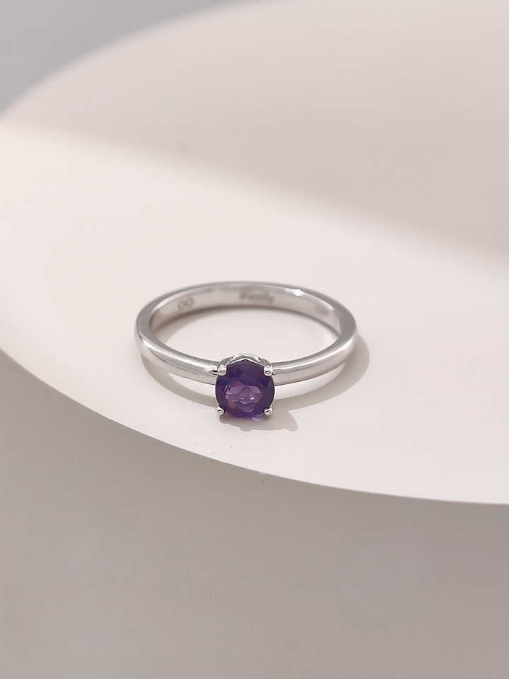 Natural Amethyst 5mm Round Solitaire 4-Prong Ring S925