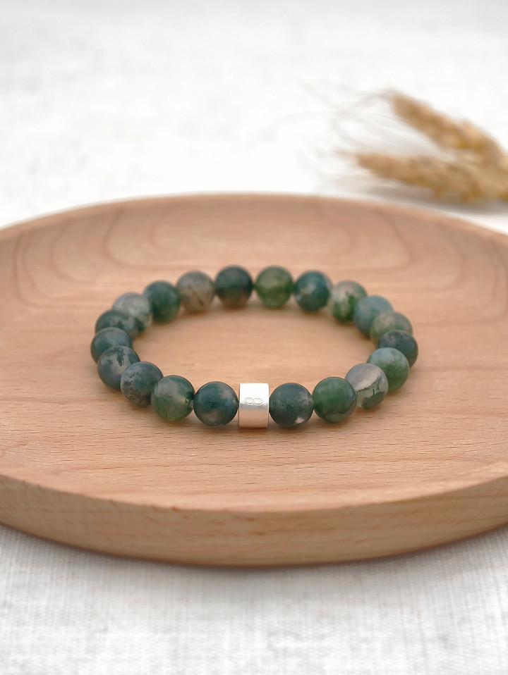Pulsera de Ágata Musgo con Tubos de Plata 925