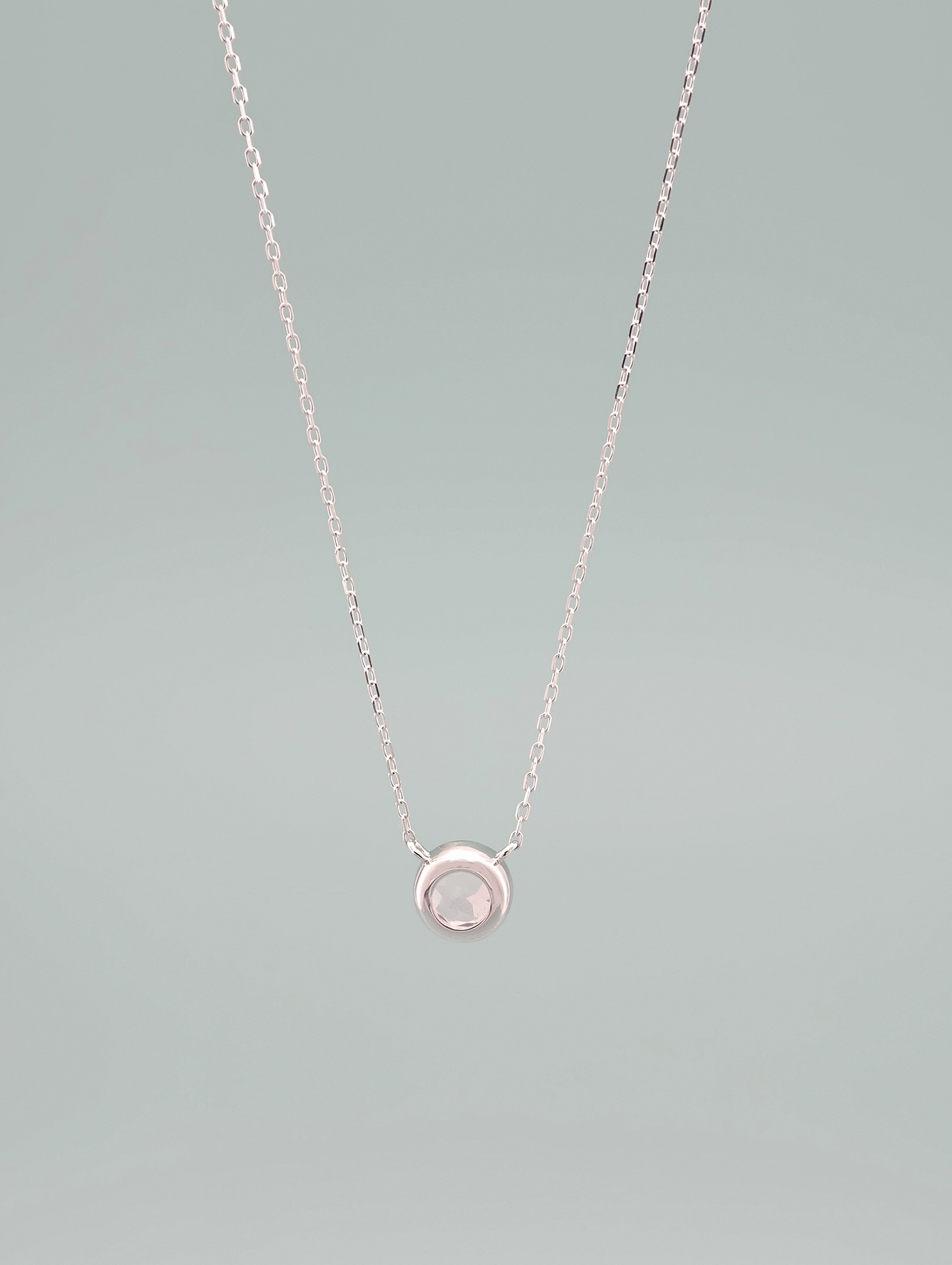 Collar Colgante Solitario Cuarzo Rosa Natural Engaste Bisel Plata 925
