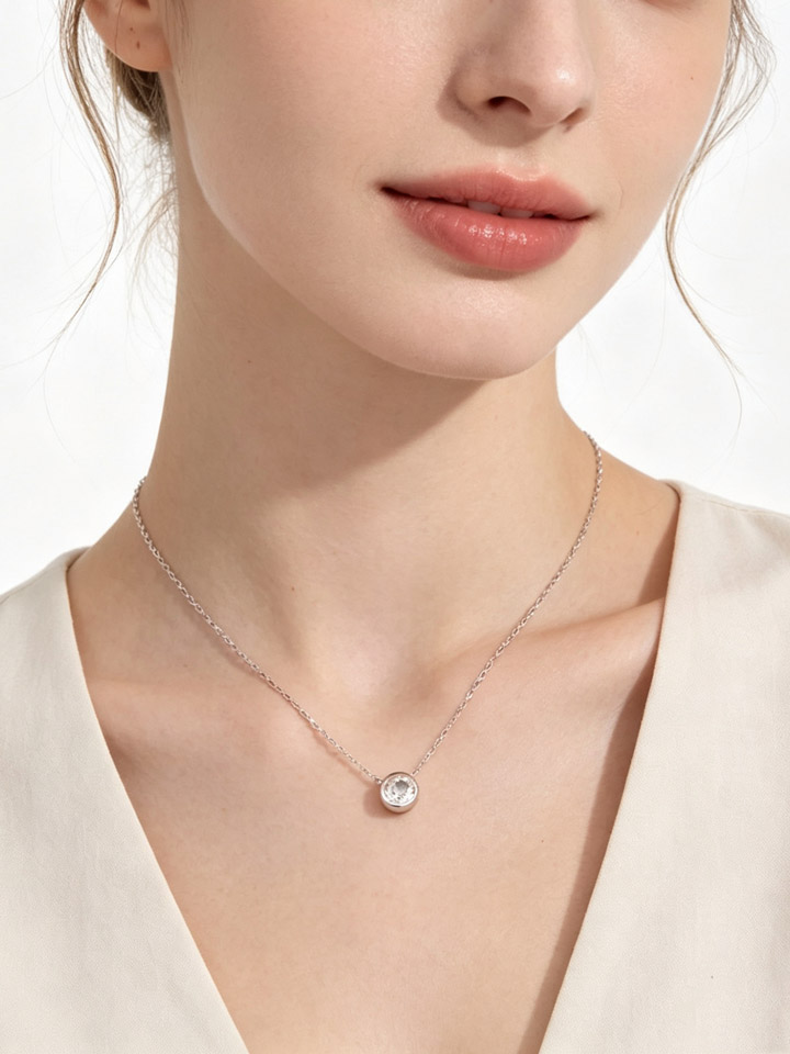Collar Colgante Solitario Cuarzo Transparente Natural Engaste Bisel Plata 925