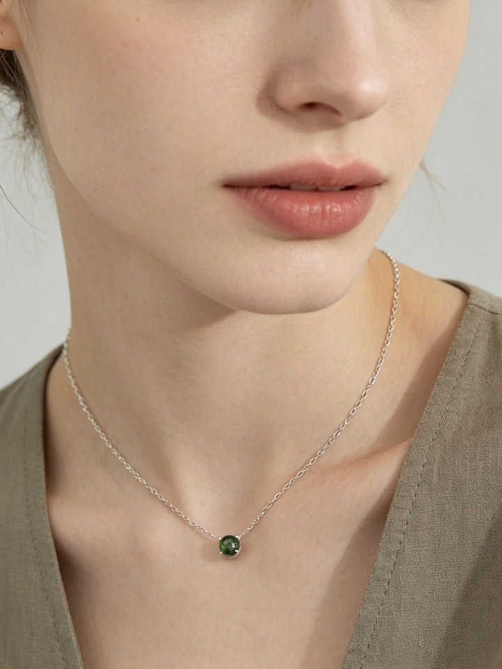 Natural Green Tourmaline 4-Prong Solitaire Pendant Necklace S925