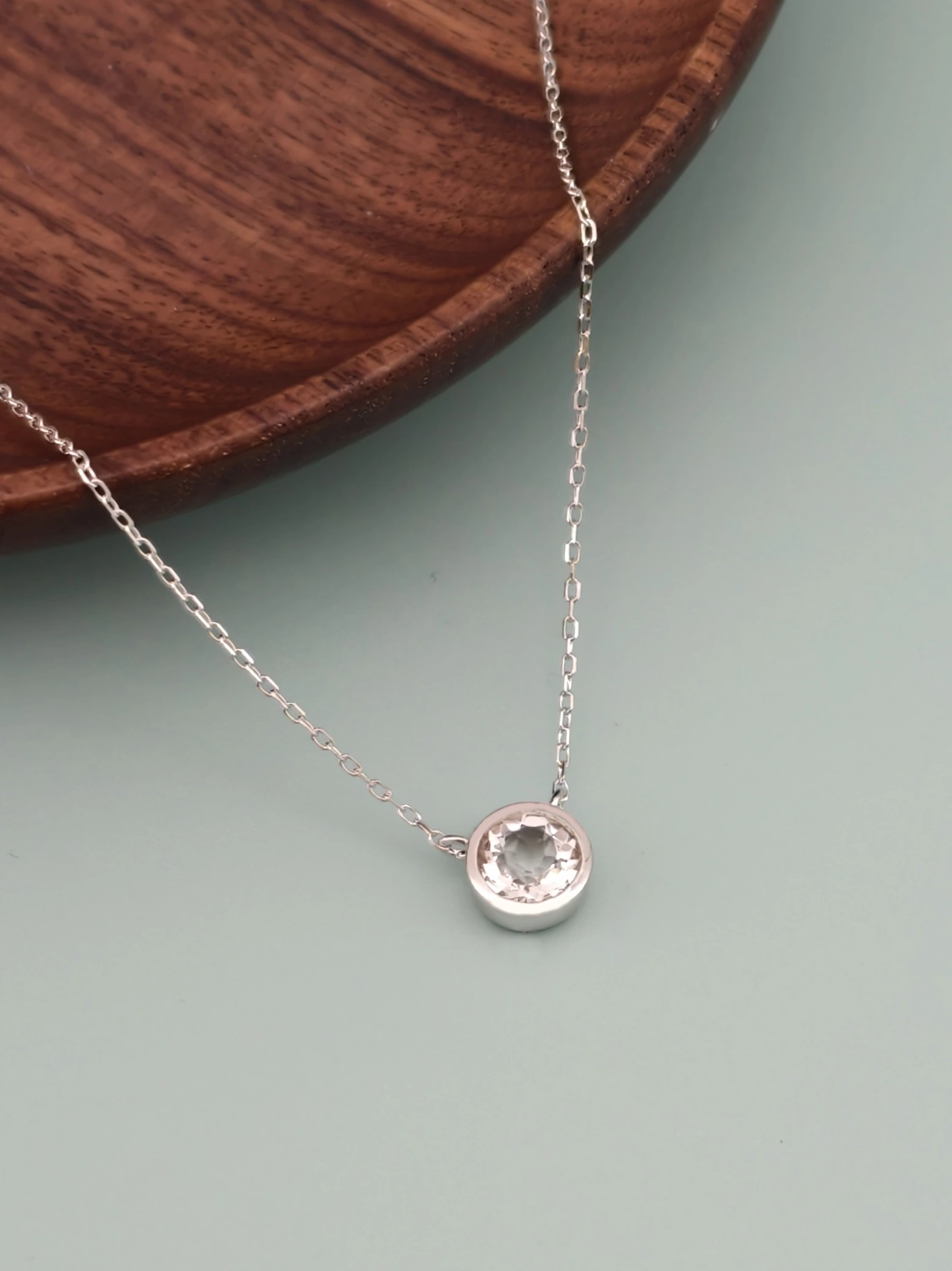 Collar Colgante Solitario Cuarzo Transparente Natural Engaste Bisel Plata 925
