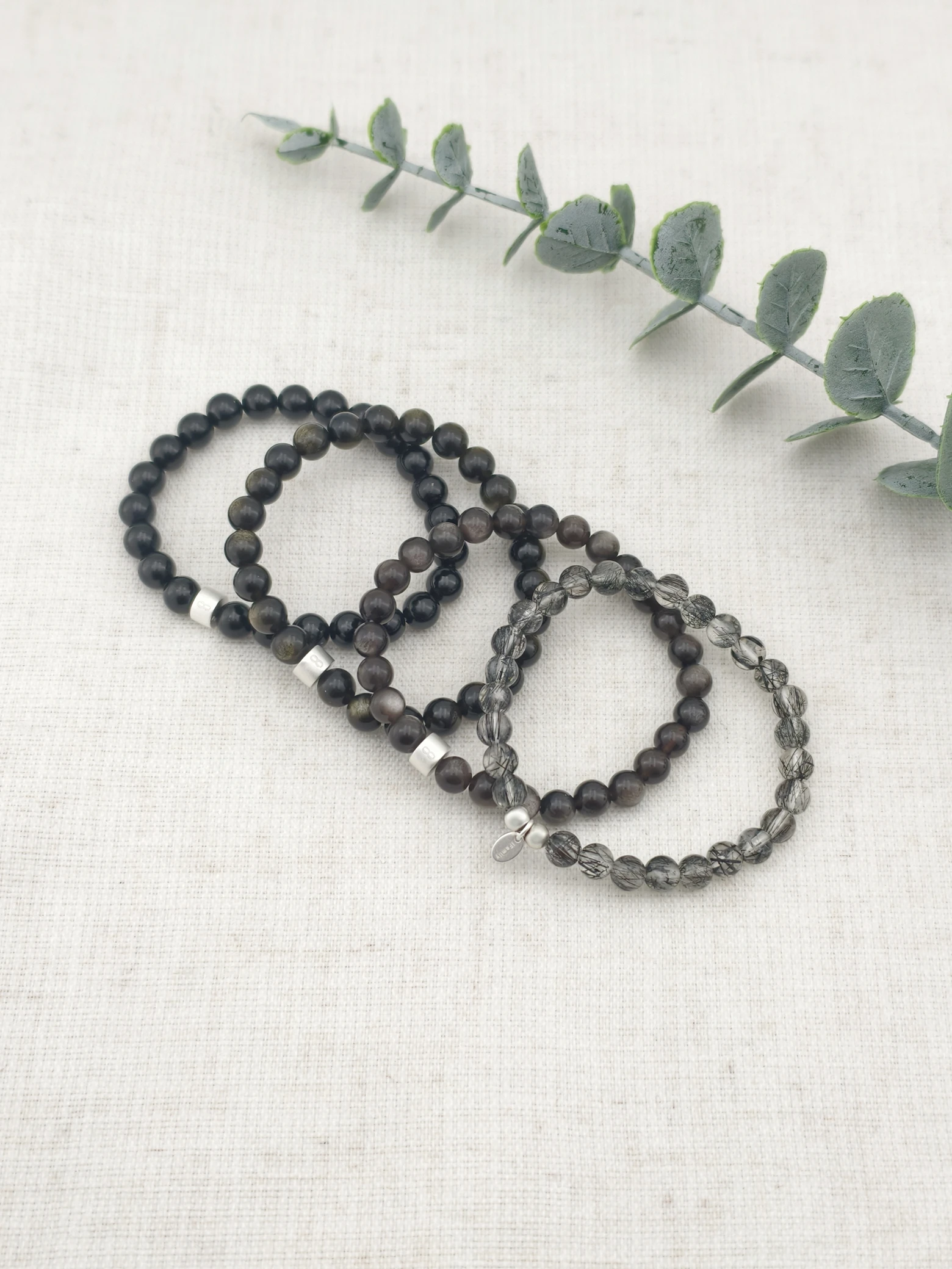 Obsidian King Gemstone & 925 Silver Bracelet Stack