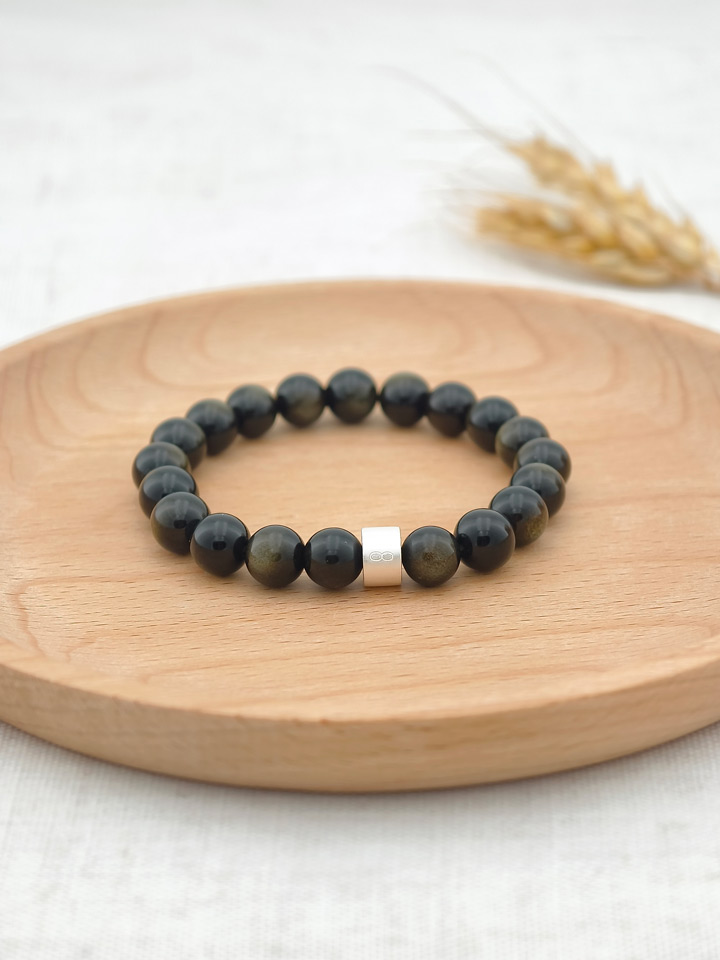 Goldschimmer-Obsidian-Armband mit 925er Silber Röhrchen