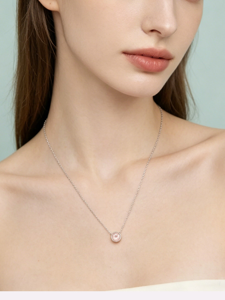 Collar Colgante Solitario Cuarzo Rosa Natural Engaste Bisel Plata 925