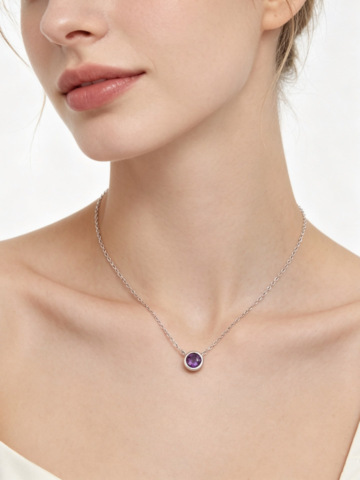 Collier Pendentif Solitaire Améthyste Naturelle Sertissage Clos Argent 925