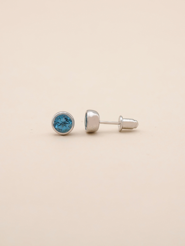Natural Blue Topaz Bezel Set Solitaire S925 Stud Earrings