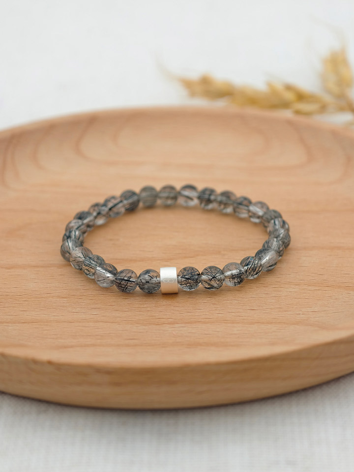 Schwarz-Rutilquarz-Armband mit 925er Silber Röhrchen