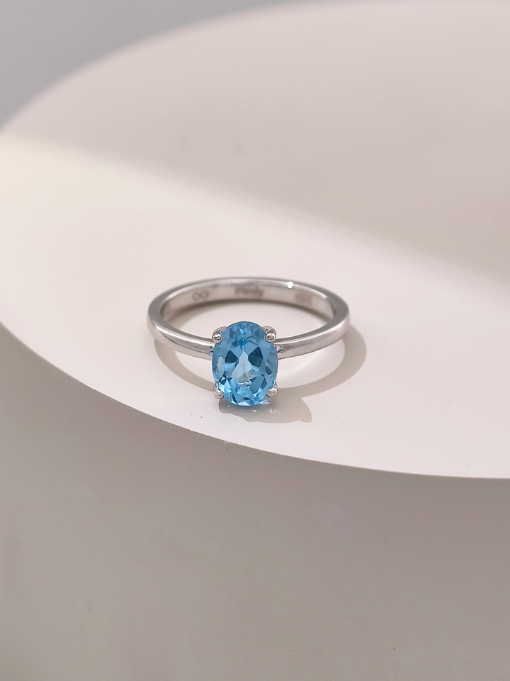 Natural Blue Topaz 6x8mm Oval Solitaire 4-Prong Ring S925