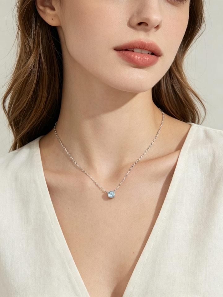 Natural Aquamarine 4-Prong Solitaire Pendant Necklace S925