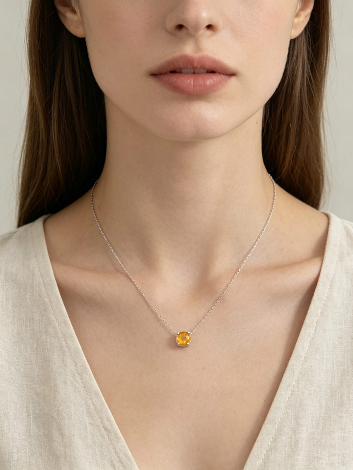 Collier Pendentif Solitaire Citrine Naturelle 4 Griffes Argent 925