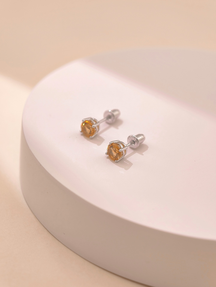Natural Citrine 4-Prong Solitaire S925 Stud Earrings