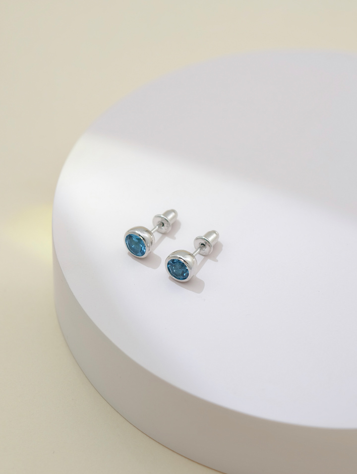 Natural Blue Topaz Bezel Set Solitaire S925 Stud Earrings